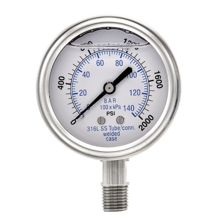 Pro 2 1/2 in Dial, 0/2000 PSI & Bar, 1/4 in NPT, Lower Mount Glycerin Filled Pressure Gauge PRO-301L-254O-01